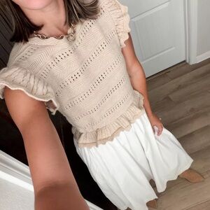 Moon River Cream Knit Ruffle Top with White Skirt